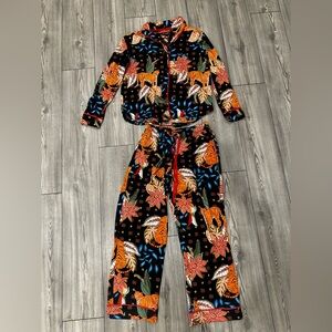 Floral Tiger Print Pajama Set - Black/Orange